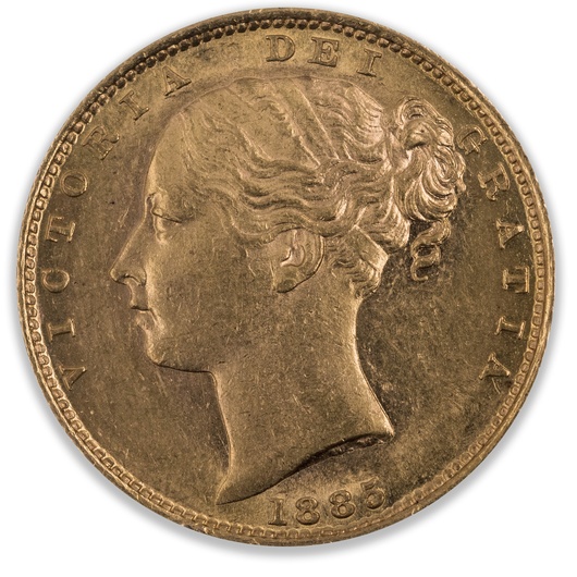 1885S Young Head Shield Sovereign About Uncirculated