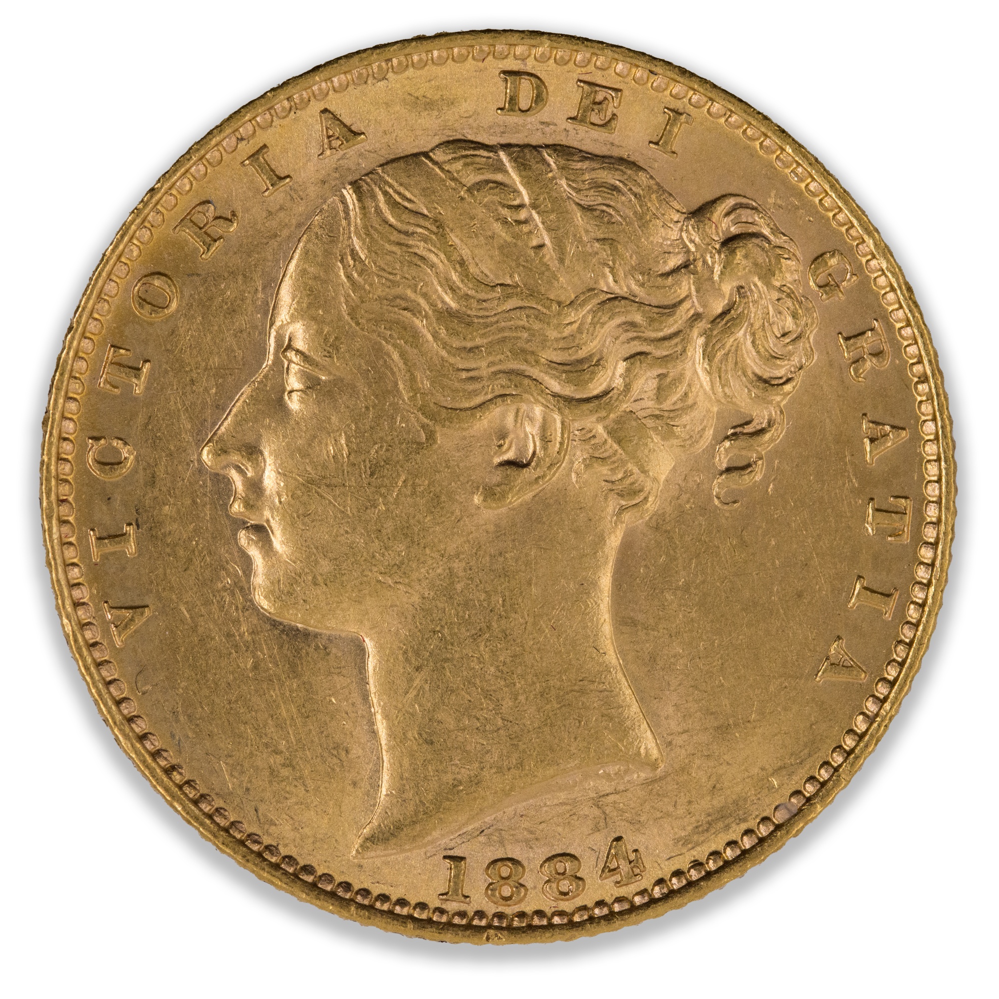 1884S Young Head Shield Sovereign About Uncirculated