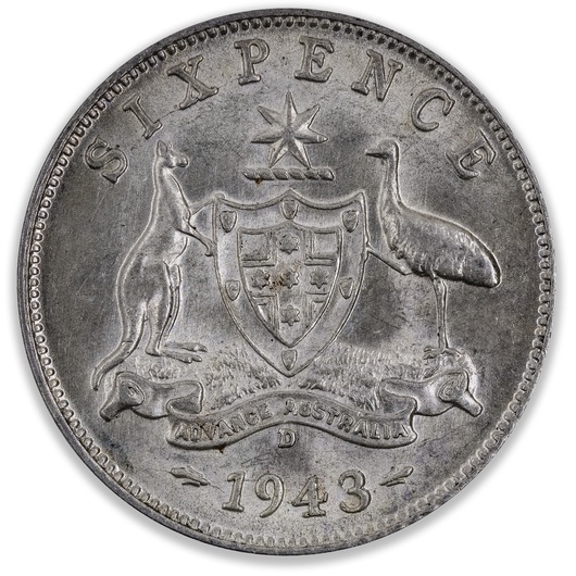 1943D Australian Sixpence Uncirculated