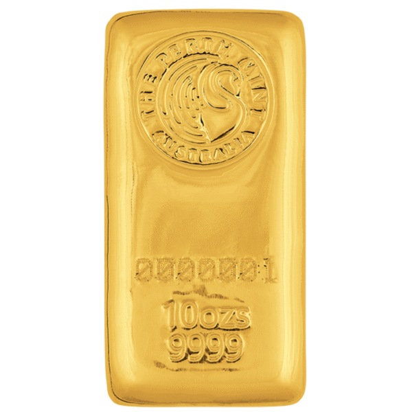 100090 - Front 10oz Perth Mint Gold Cast Bar 10oz Perth Mint Gold Cast Bar