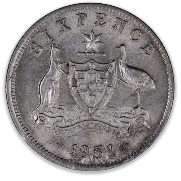 200342-Reverse 1951M Australian Sixpence Uncirculated 1951M Australian Sixpence Uncirculated
