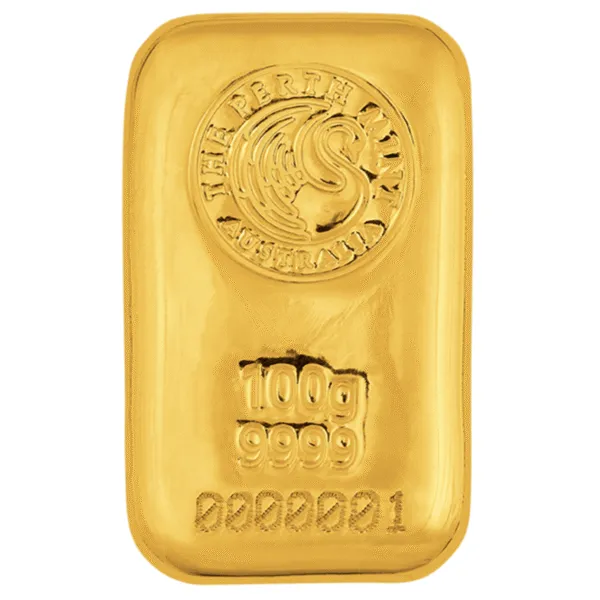 101880 - Front 100g Perth Mint Gold Cast Bar 100g Perth Mint Gold Cast Bar