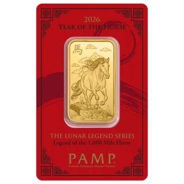1oz gold 2026 1oz PAMP Lunar Legend of the 1,000 Mile Horse Gold Minted Bar 2026 1oz PAMP Gold Lunar Horse Minted Bar