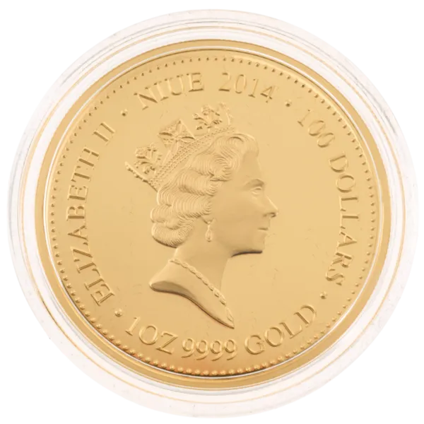 102056 - Obverse 2014 $100 Niue Frill Neck Lizard 1oz Gold Proof Coin frill neck lizard