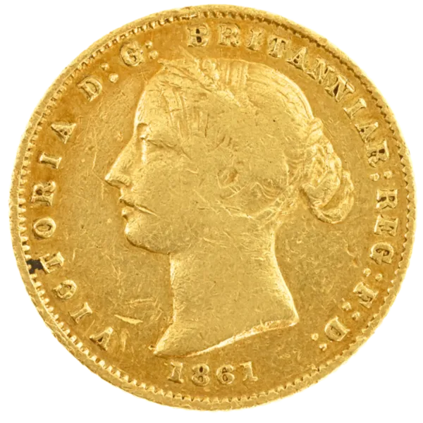 102083 - Obverse 1861 Sydney Mint Half Sovereign Very Good 1861 Sydney Mint Half Sovereign Very Good