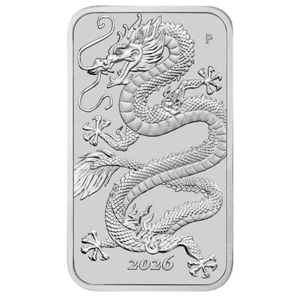 102148 - Front 2026 1oz Perth Mint Silver Dragon Rectangular Coin 2026 1oz Perth Mint Silver Dragon Rectangular Coin