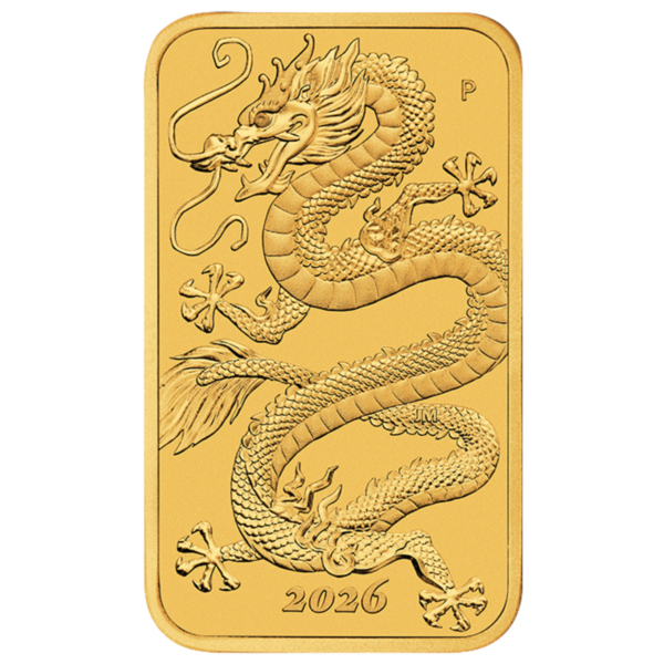 102149 - Front 2026 1oz Perth Mint Gold Dragon Rectangular Coin gold dragon