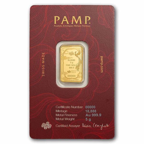 2026 5g Pamp Gold Minted Bar Good Luck: Phoenix PAMP