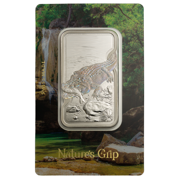 102148 - Main 2026 1oz PAMP Silver Nature's Grip Nile Crocodile Bar in Assay crocodile