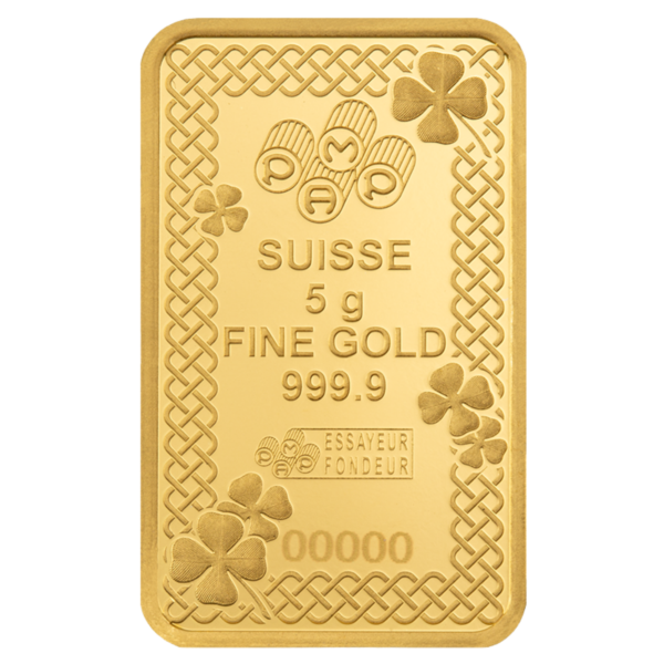 102201 - Back 5g PAMP Lucky Clover Gold Minted Bar Four leaf cover