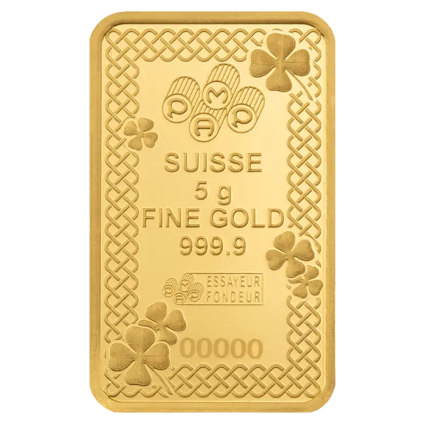 102201 - Back 5g PAMP Lucky Clover Gold Minted Bar Four leaf cover