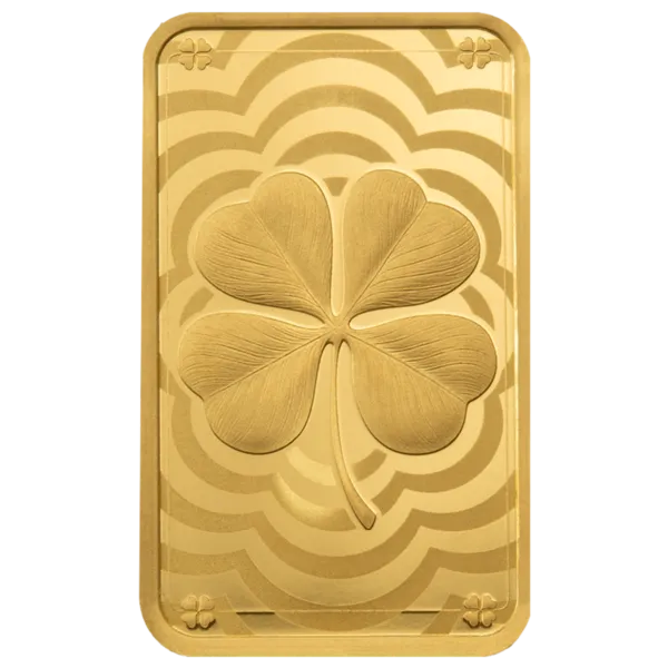 102201 - Front 5g PAMP Lucky Clover Gold Minted Bar Four leaf cover