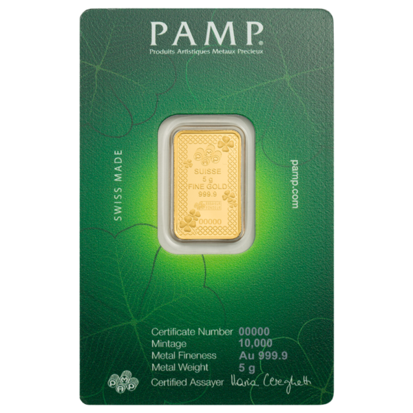 102201 - REV 5g PAMP Lucky Clover Gold Minted Bar Four leaf cover