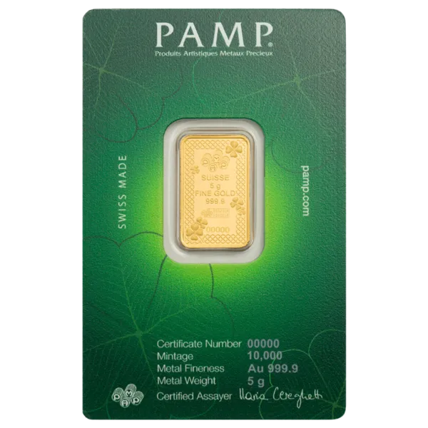 102201 - REV 5g PAMP Lucky Clover Gold Minted Bar Four leaf cover