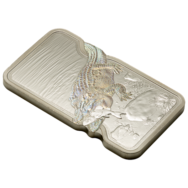 nile_crocodile_rev_persp 2026 1oz PAMP Silver Nature's Grip Nile Crocodile Bar in Assay crocodile